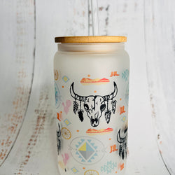 Glass Can Tumbler - 16oz Native Design Bill with feathers