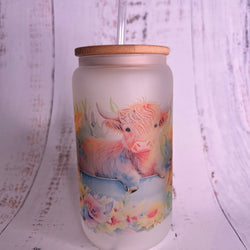 Glass Can Tumbler - 16oz Baby cow in tub
