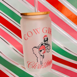 Glass Can Tumbler - 16oz Cowgirl Xmas 1