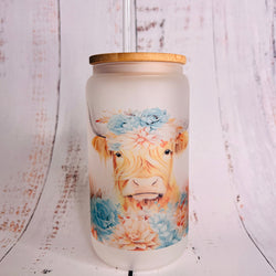 Glass Can Tumbler - 16oz Blue Floral Cow