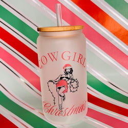 Glass Can Tumbler - 16oz Cowgirl Xmas 1