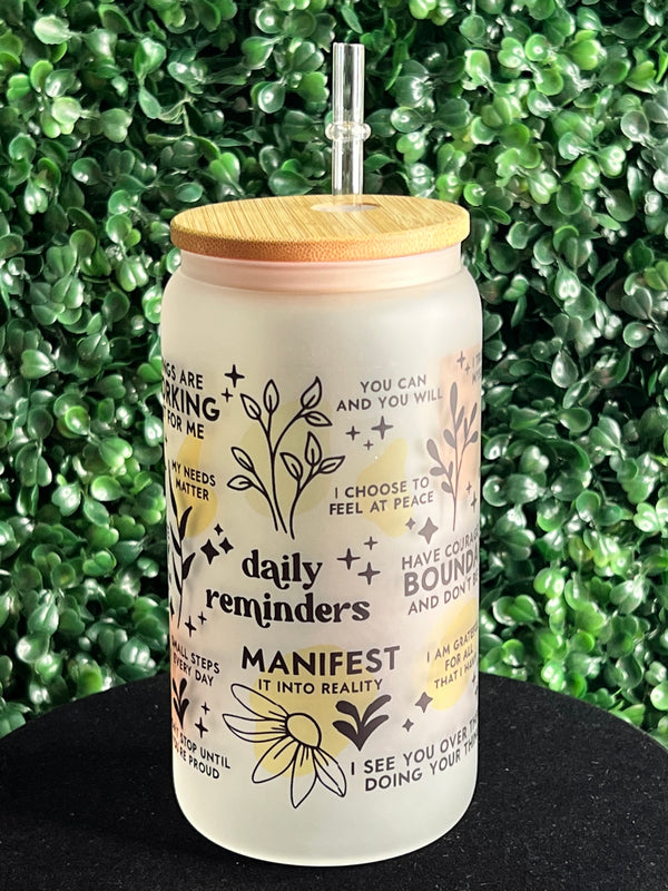 Daily Affirmation Glass Tumbler with Bamboo Lid and Straw